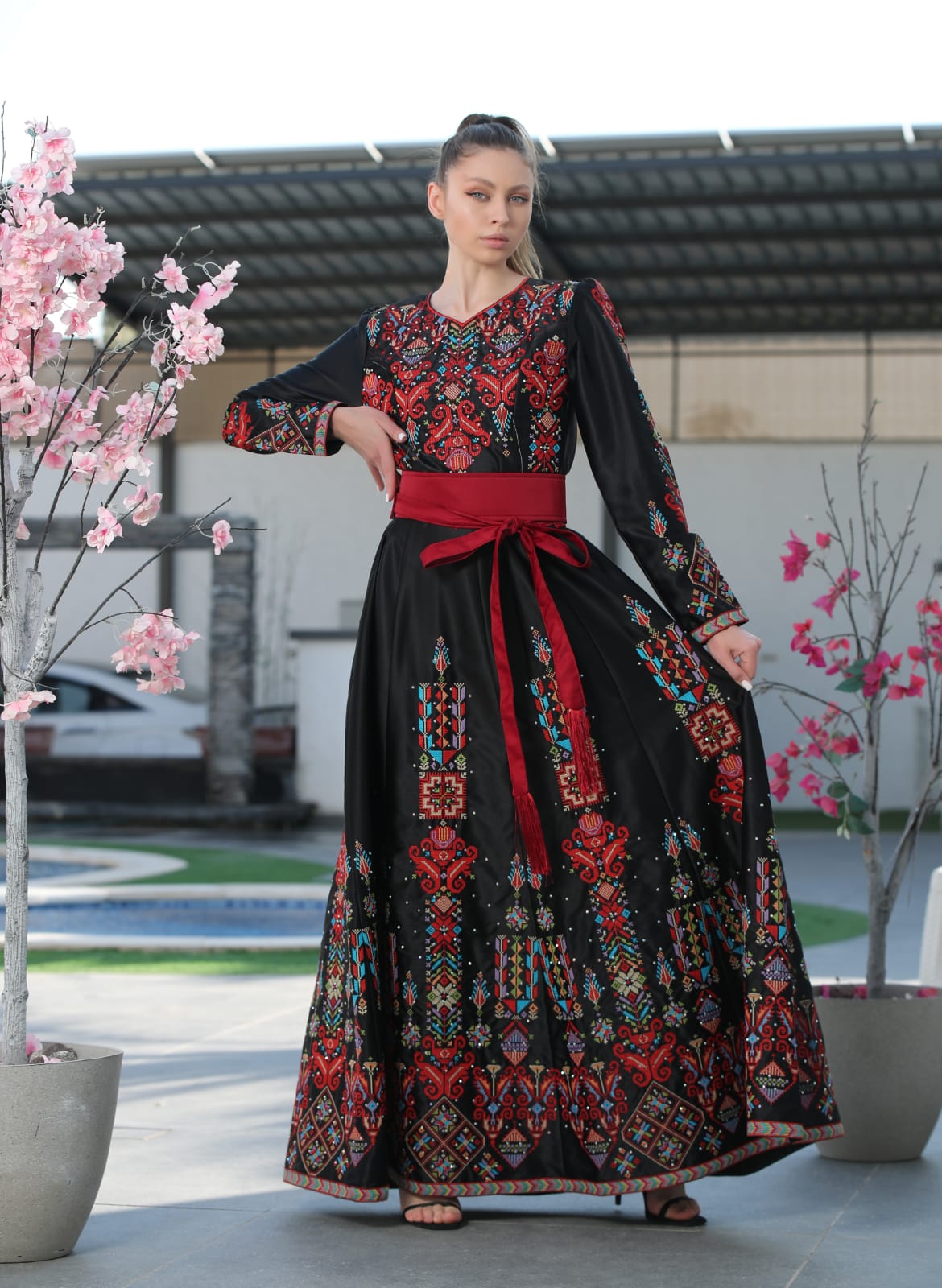 Black & Red Pearl Thobe - Embroidered Palestinian Thobe Dress JPK Traditions Black & Red Pearl Thobe - Embroidered Palestinian Thobe Dress JPK Traditions