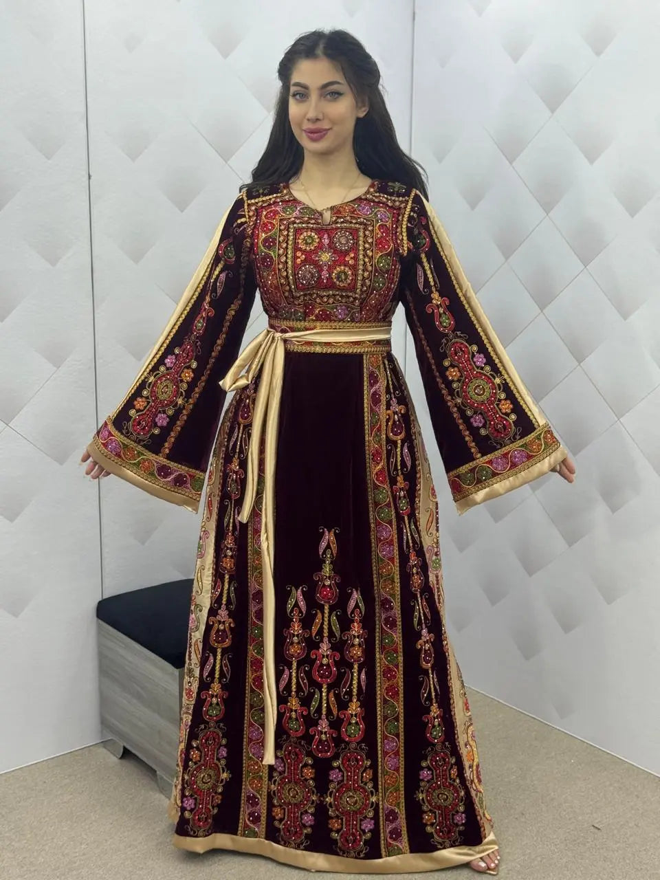 Maroon & Gold Velvet Palestinian Thobe dress
