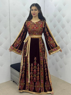Maroon & Gold Velvet Thobe dress - Embroidered Palestinian Thawb High Quality