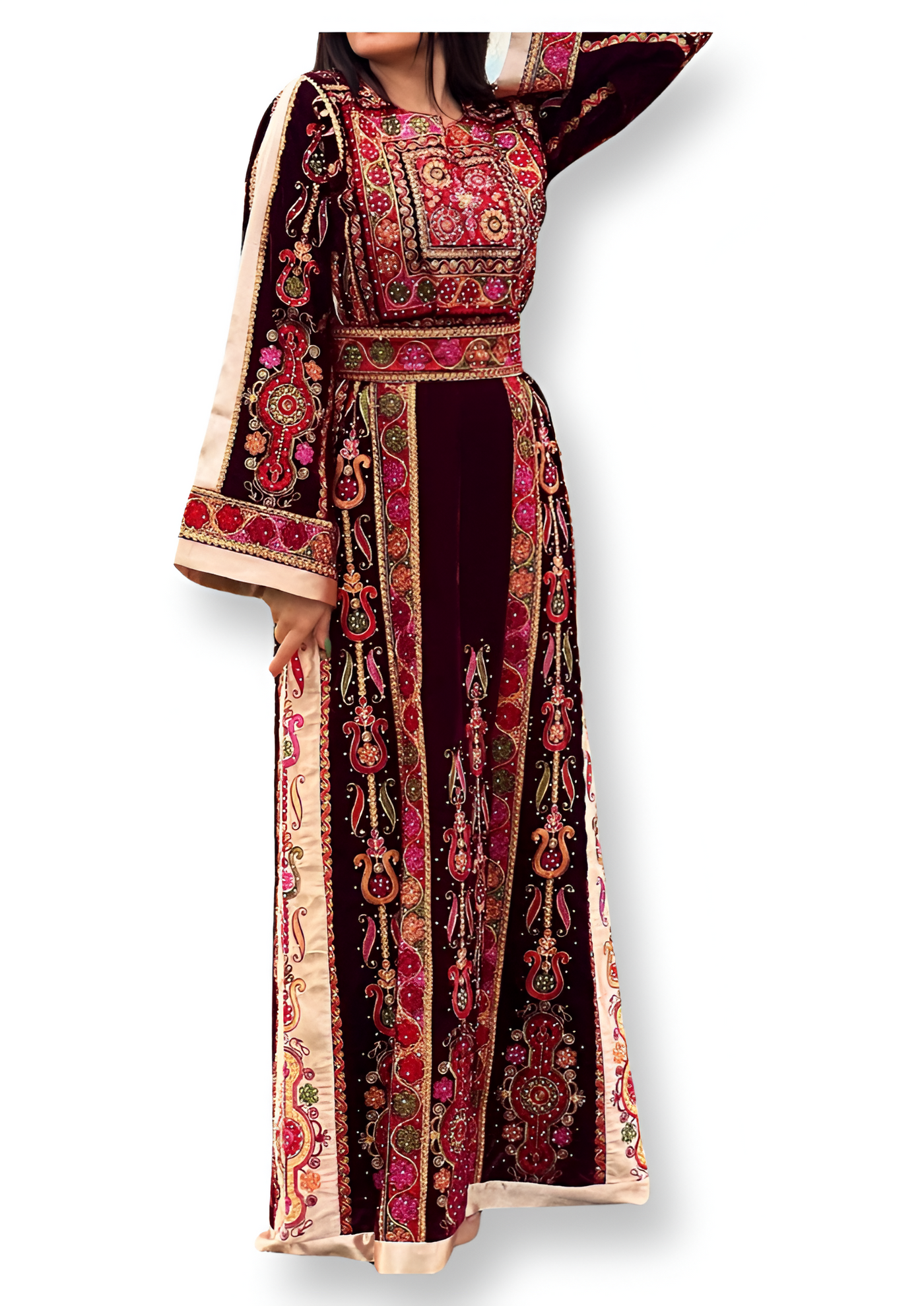 Pink & Maroon Velvet - Very High Quality Traditional Embroidered Palestinian Thobe