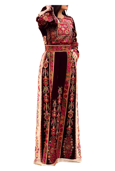 Pink & Maroon Velvet - Very High Quality Traditional Embroidered Palestinian Thobe