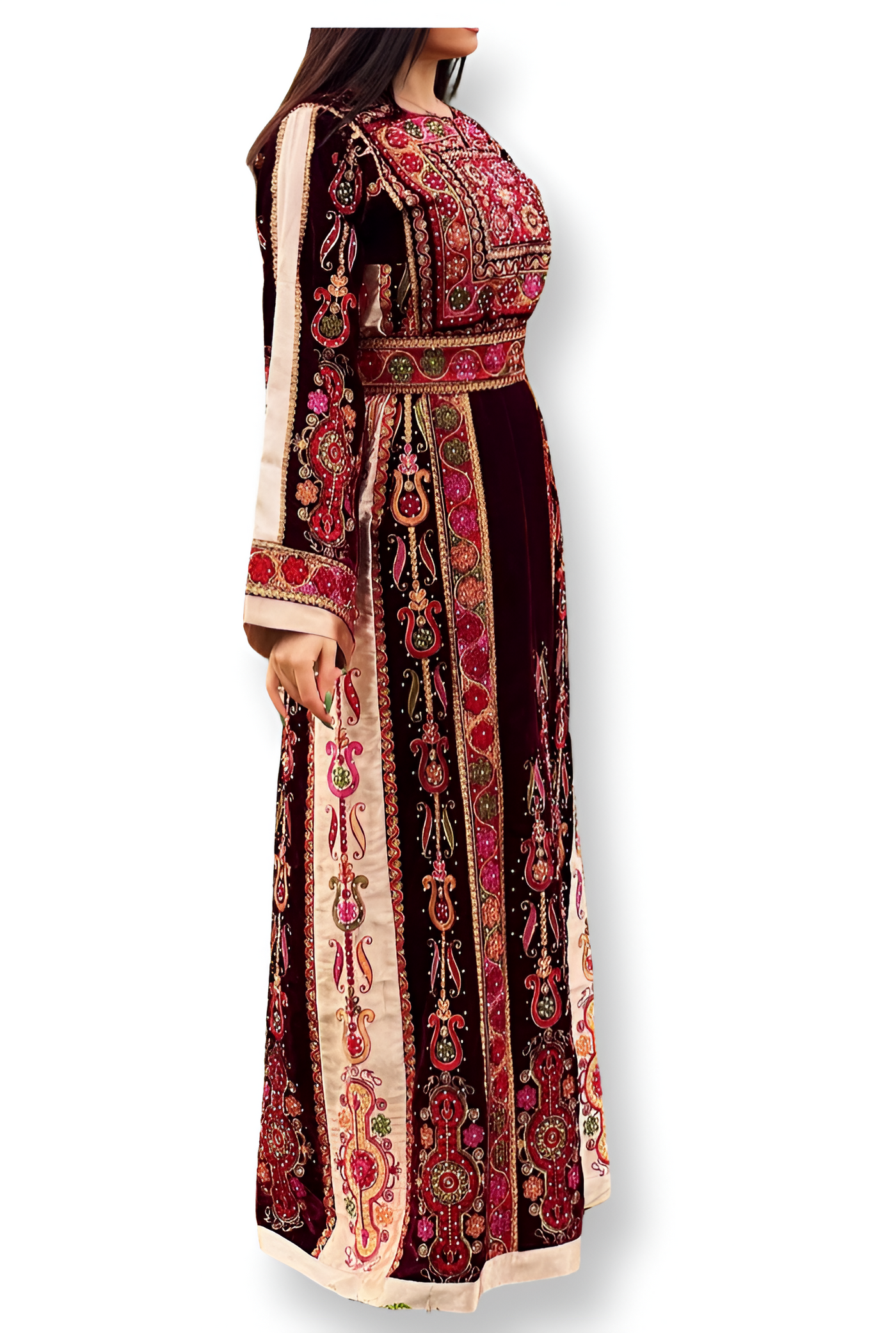 Pink & Maroon Velvet - Very High Quality Traditional Embroidered Palestinian Thobe