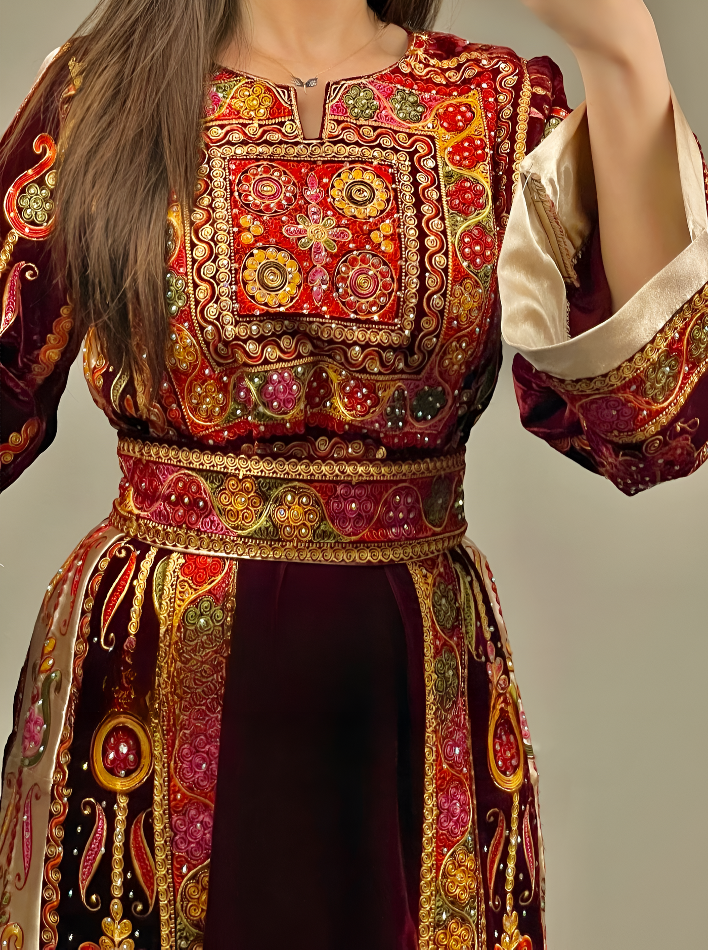 Maroon & Gold Velvet - Very High Quality Traditional Embroidered Palestinian Thobe