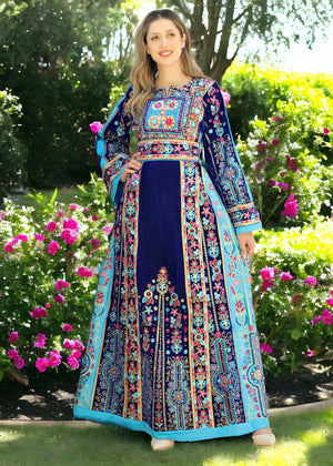 Navy & Blue Velvet -Very High Quality Embroidered Palestinian style Thobe - JPK Traditions