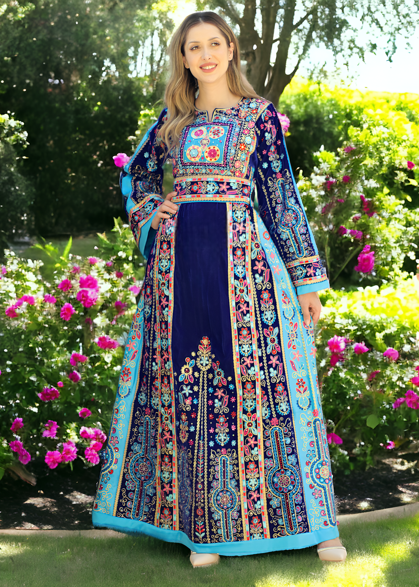 Navy & Blue Velvet -Very High Quality Embroidered Palestinian style Thobe