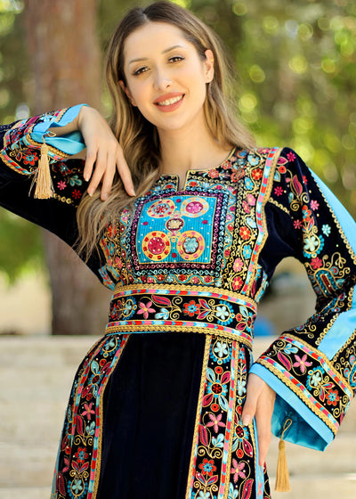 Black & Blue Velvet - Very High Quality Embroidered Palestinian style Thobe - JPK Traditions