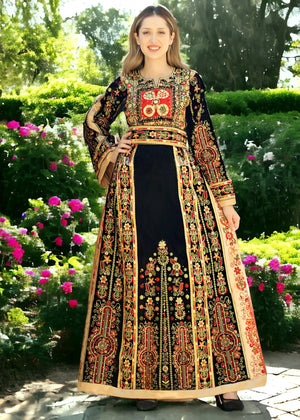 Golden Velvet  - Very High Quality Embroidered Palestinian style Thobe - JPK Traditions