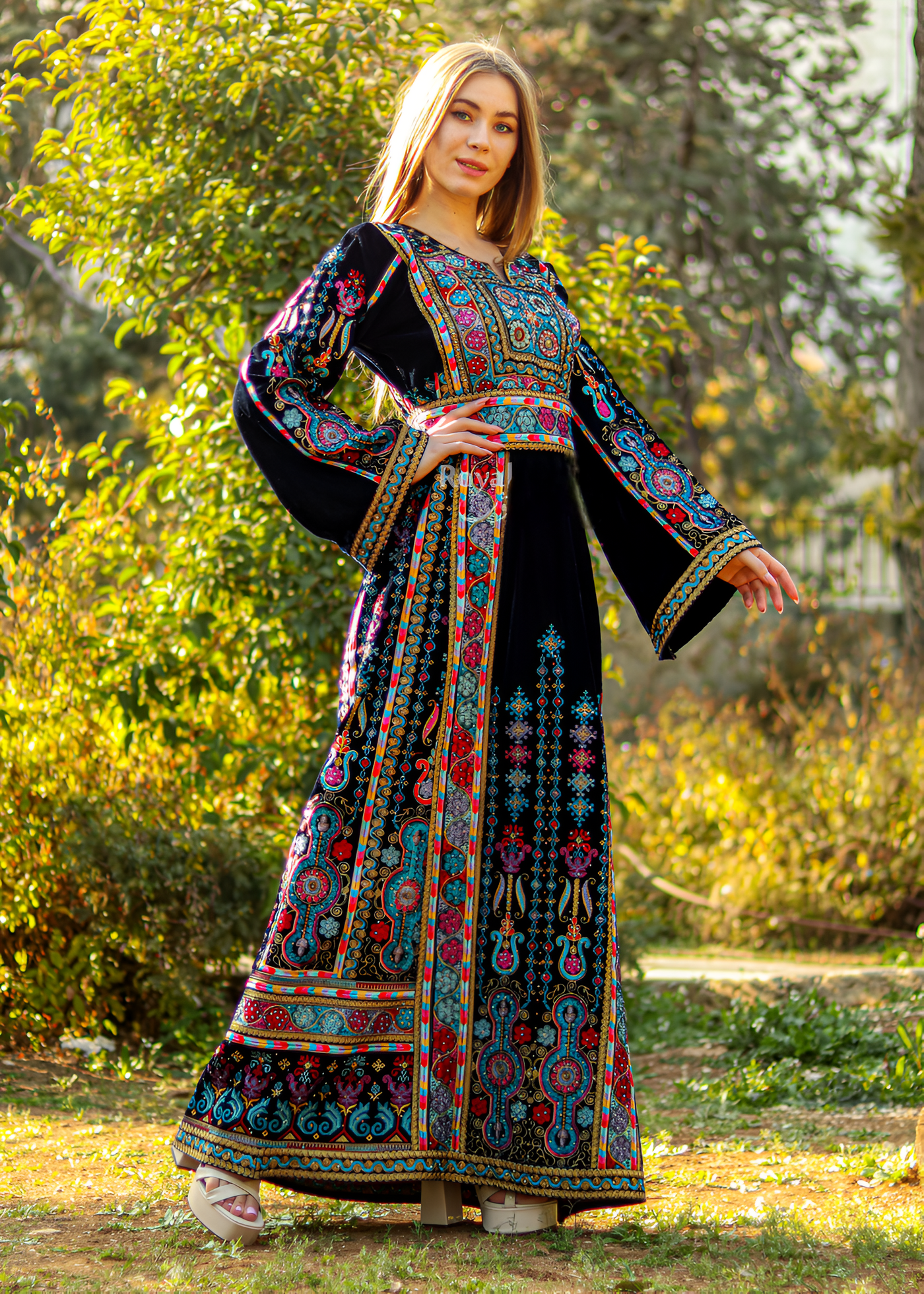 Majestic Colorful Velvet Thobe - Very High Quality Embroidered Palestinian style Thobe