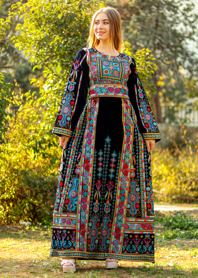 Majestic Colorful Velvet Thobe - Very High Quality Embroidered Palestinian style Thobe