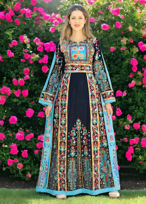 Black & Blue Velvet - Very High Quality Embroidered Palestinian style Thobe - JPK Traditions