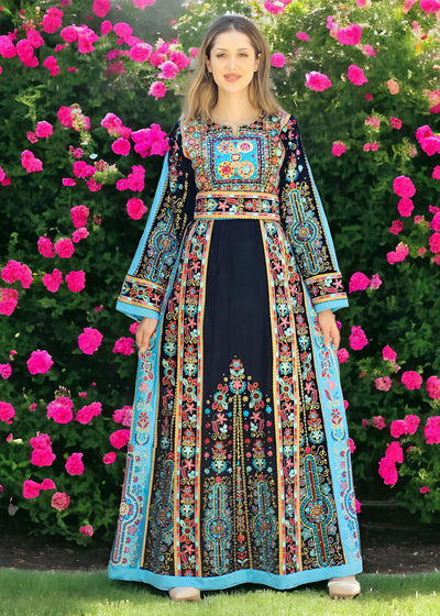 Black & Blue Velvet - Very High Quality Embroidered Palestinian style Thobe - JPK Traditions