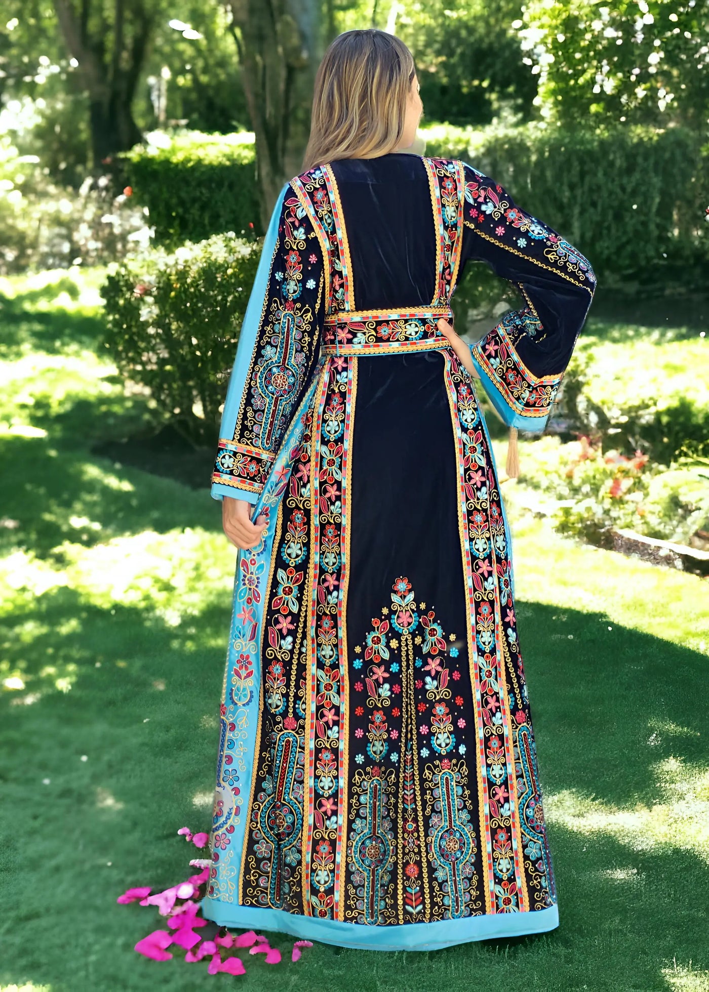 Black & Blue Velvet - Very High Quality Embroidered Palestinian style Thobe - JPK Traditions