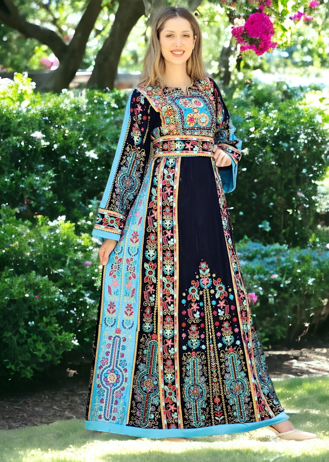 Black & Blue Velvet - Very High Quality Embroidered Palestinian style Thobe - JPK Traditions