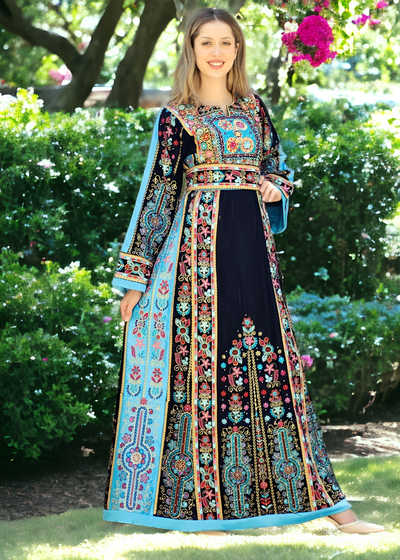 Black & Blue Velvet - Very High Quality Embroidered Palestinian style Thobe