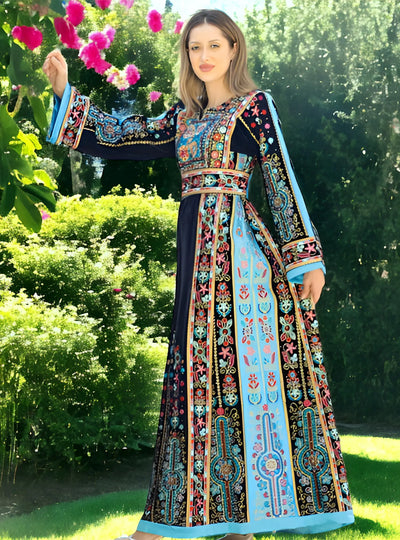 Black & Blue Velvet - Very High Quality Embroidered Palestinian style Thobe - JPK Traditions