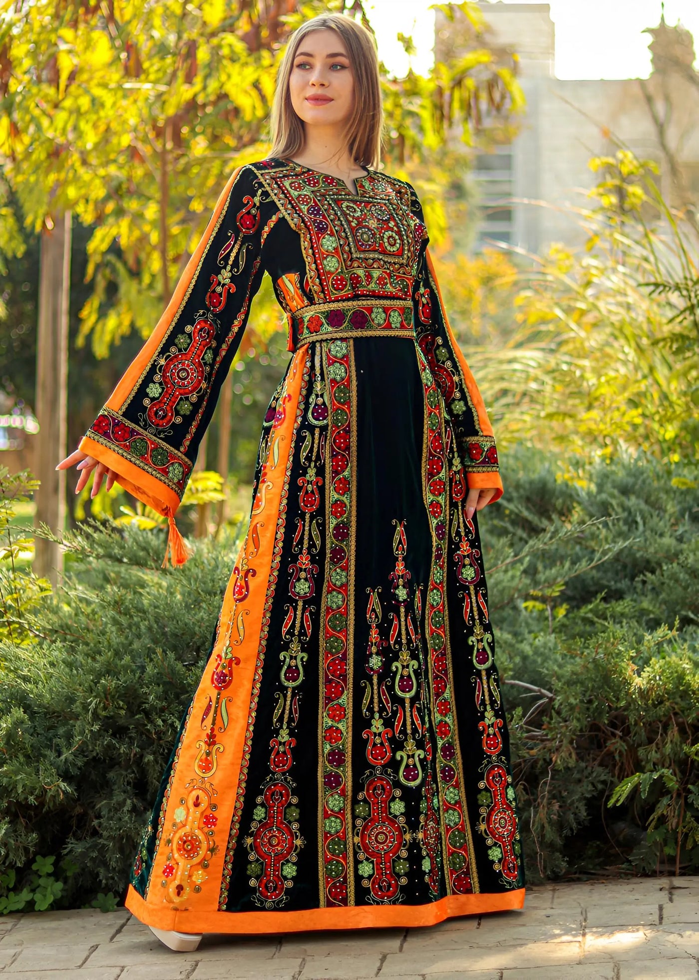 Olive Green & Orange Velvet  - Very High Quality Embroidered Palestinian style Thobe - JPK Traditions