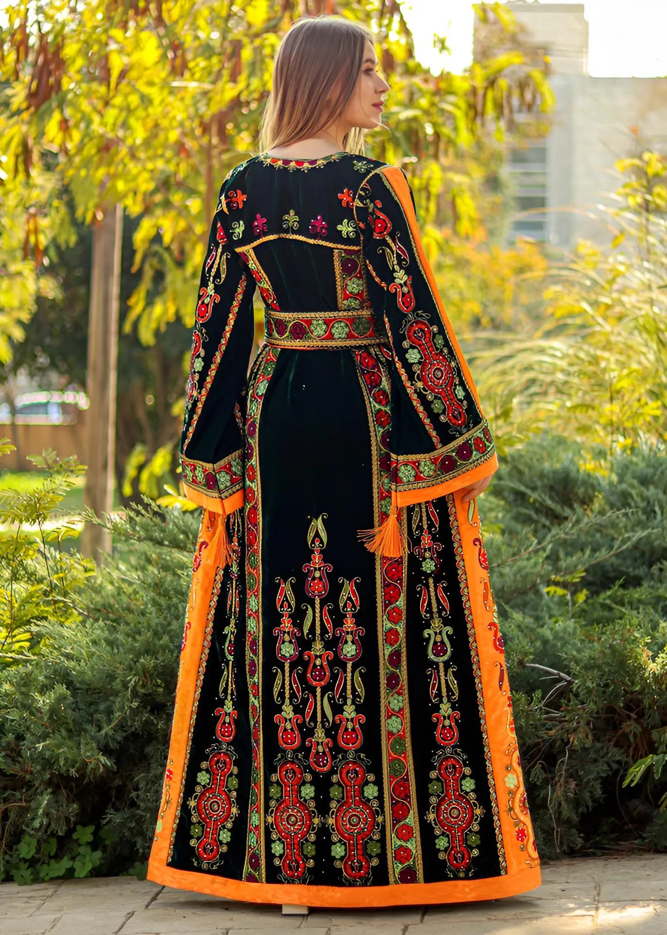 Olive Green & Orange Velvet  - Very High Quality Embroidered Palestinian style Thobe - JPK Traditions