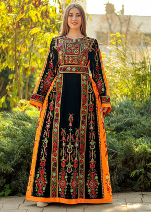 Olive Green & Orange Velvet  - Very High Quality Embroidered Palestinian style Thobe - JPK Traditions