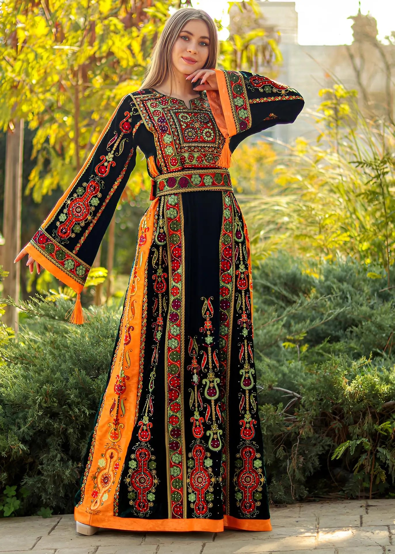 Olive Green & Orange Velvet  - Very High Quality Embroidered Palestinian style Thobe - JPK Traditions