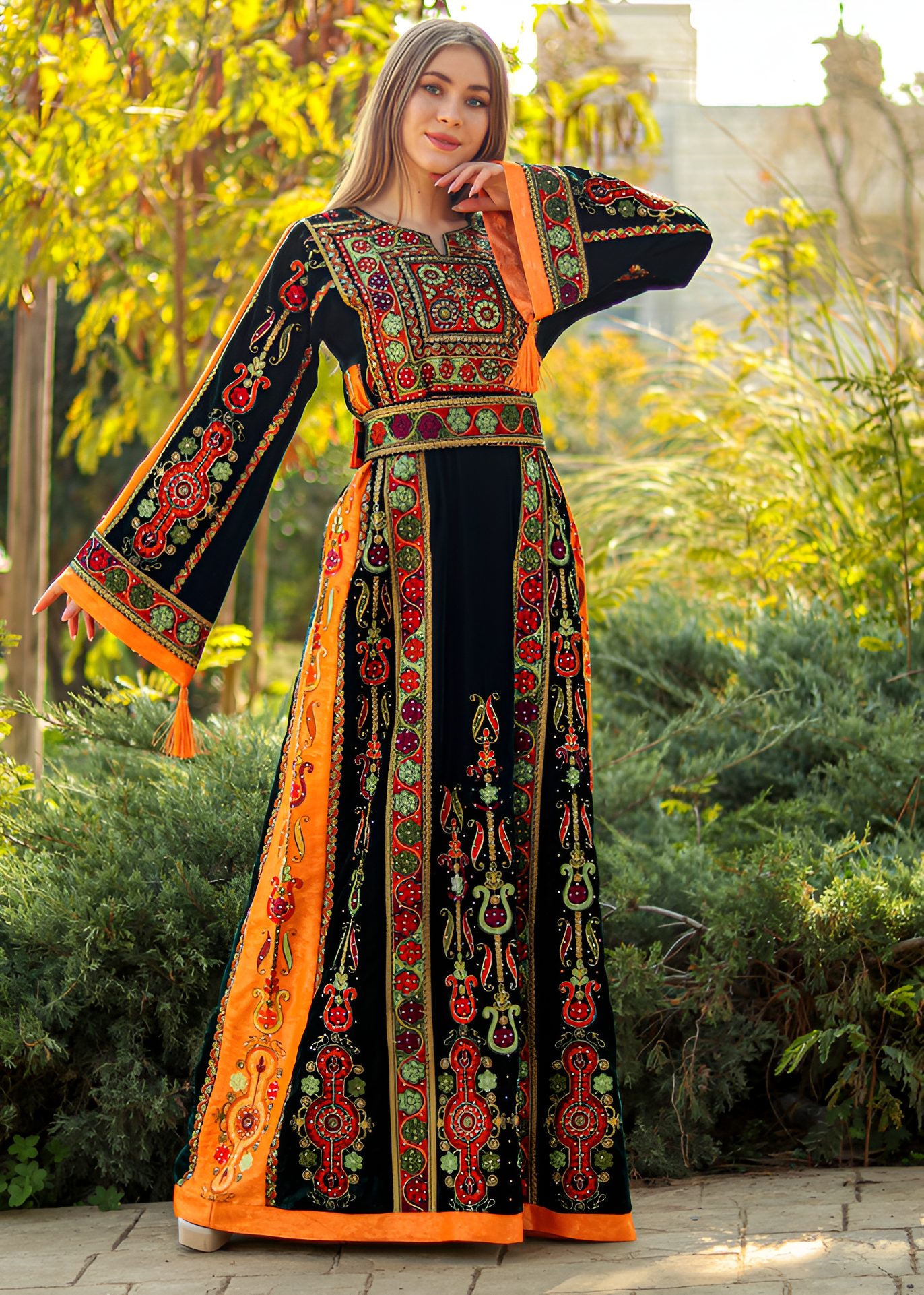 Olive Green & Orange Velvet  - Very High Quality Embroidered Palestinian style Thobe