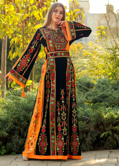 Olive Green & Orange Velvet  - Very High Quality Embroidered Palestinian style Thobe