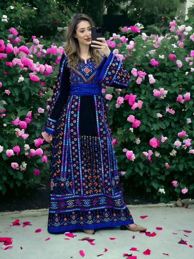 Blue Velvet Queen - Very High Quality Emroidered Palestinian style Thobe - JPK Traditions