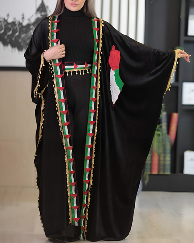 Palestine Flag Velvet Abaya - Embroidered Palestinian Abaya