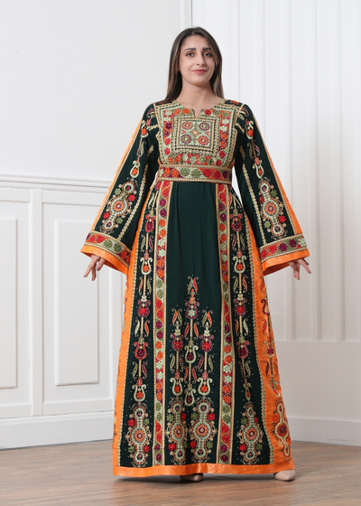 Olive Green & Orange Malak - Very High Quality Embroidered Palestinian style Thobe