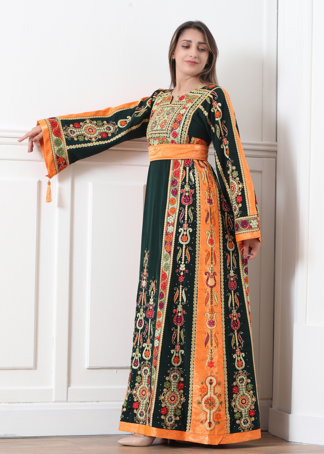 Olive Green & Orange Malak - Very High Quality Embroidered Palestinian style Thobe