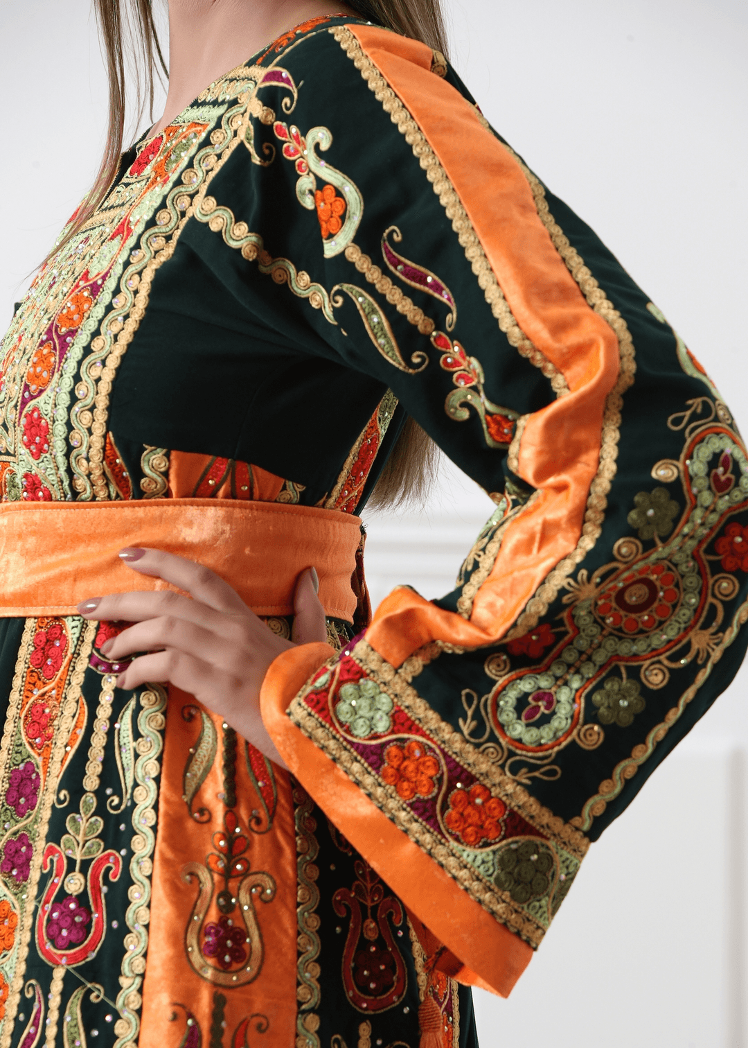 Olive Green & Orange Malak - Very High Quality Embroidered