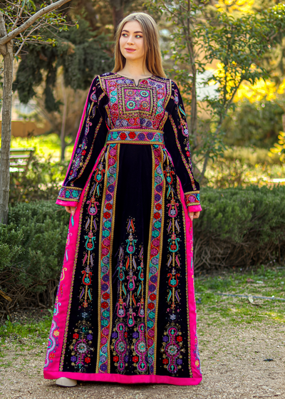 Pink Velvet - Very High Quality Traditional Embroidered Palestinian Thobe