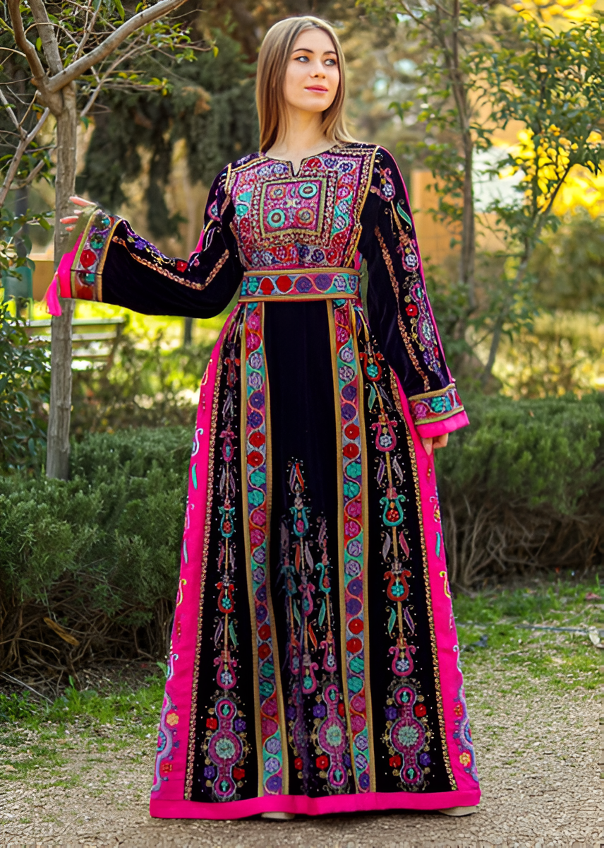 Pink Velvet - Very High Quality Traditional Embroidered Palestinian Thobe