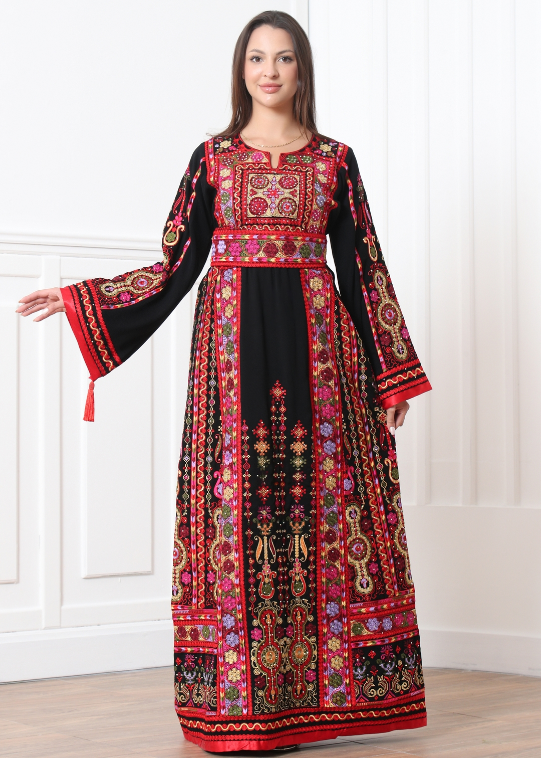 Black & Red Beauty Thobe With Reversible Red Satin Belt - Very High Quality Embroidered Palestinian style Thobe