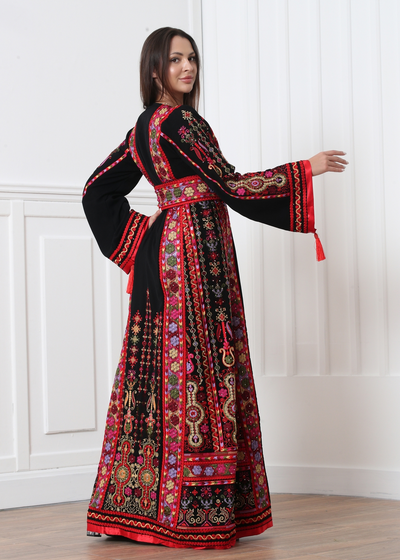 Black & Red Beauty Thobe With Reversible Red Satin Belt - Very High Quality Embroidered Palestinian style Thobe