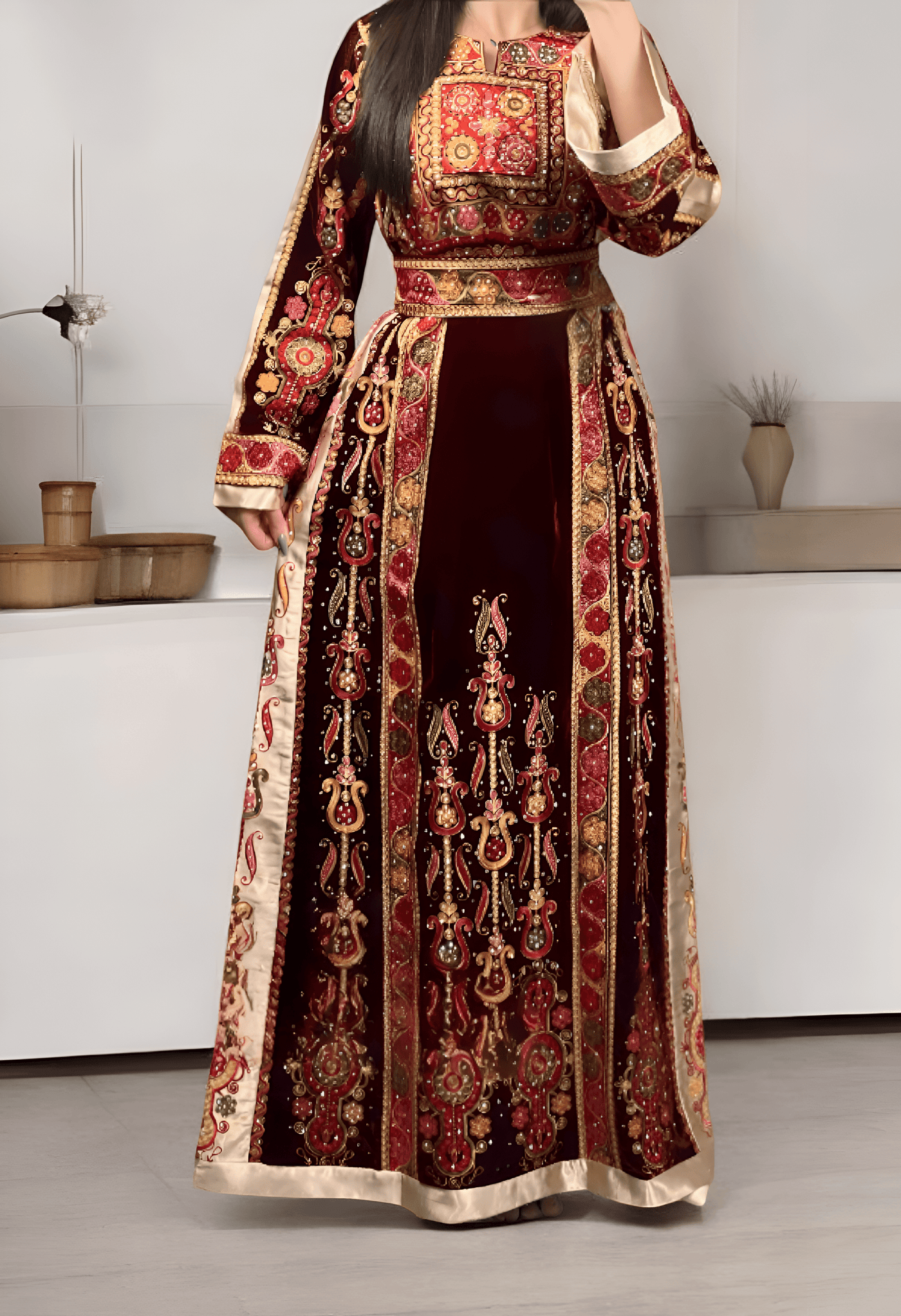 Maroon & Gold Velvet Thobe dress -  Embroidered Palestinian Thawb High Quality