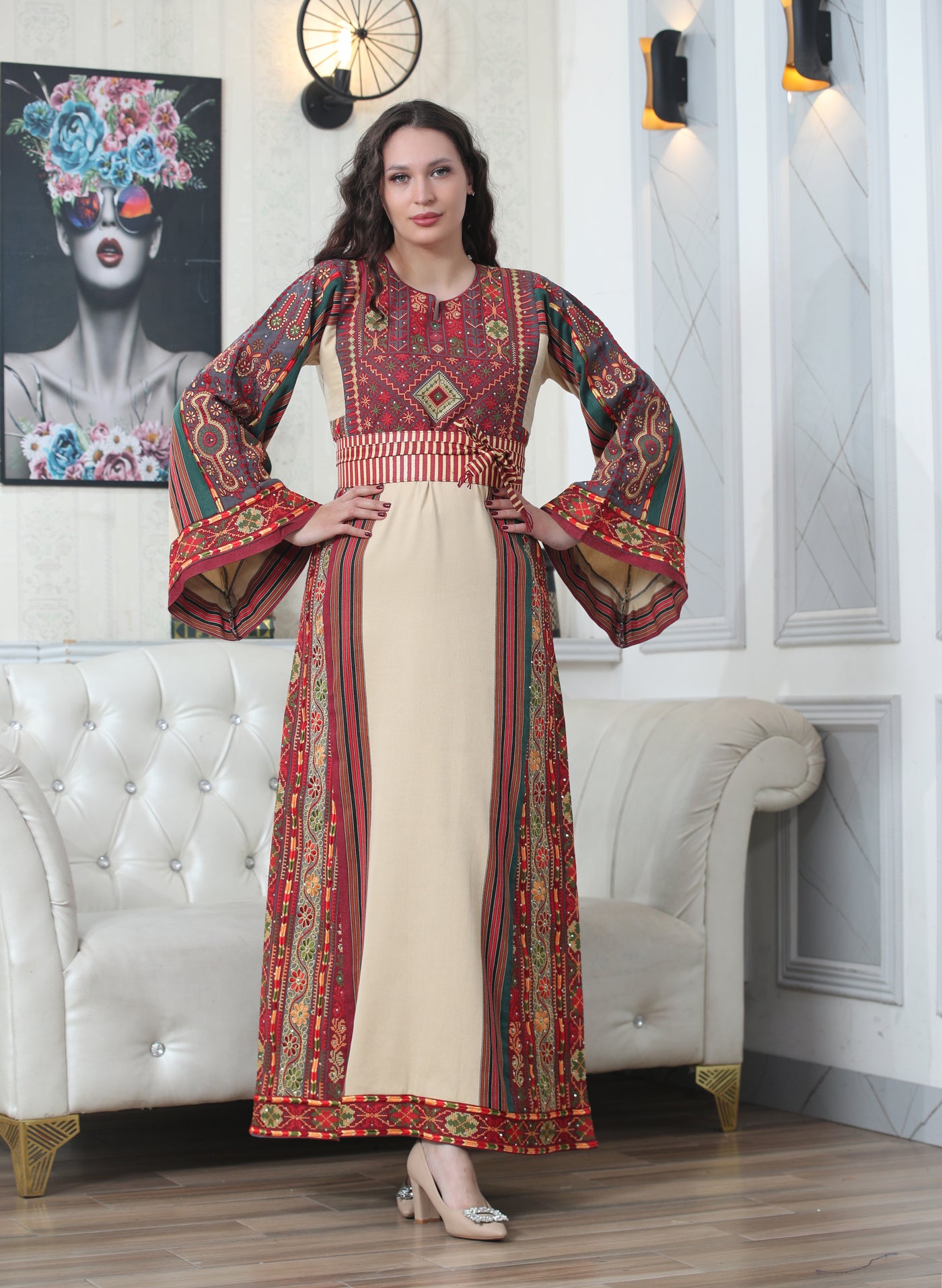 Beige & Red Majdalawi - High Quality Traditional Embroidered Palestinian style Thobe for women - JPK Traditions