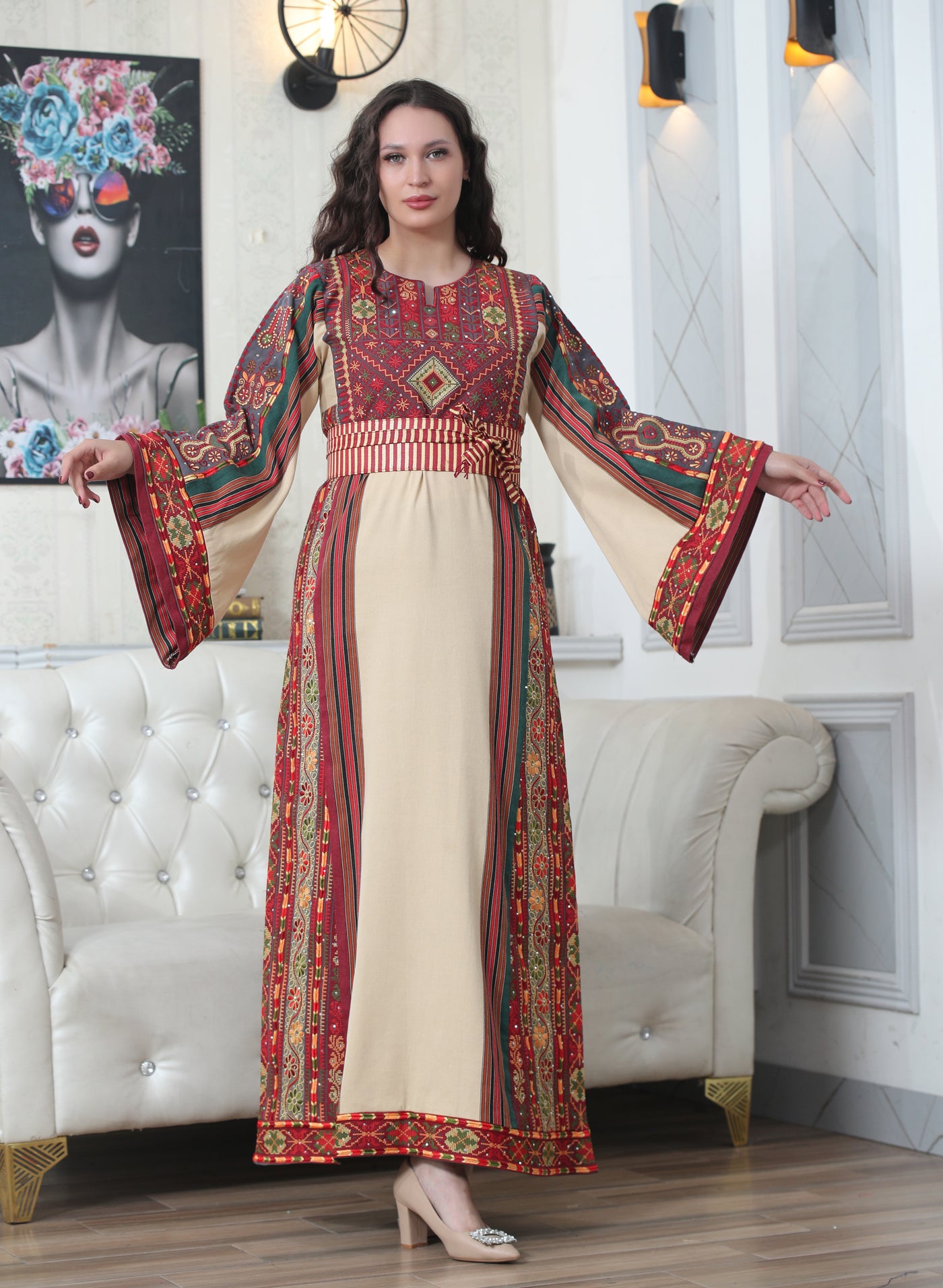 Beige & Red Majdalawi - High Quality Traditional Embroidered Palestinian style Thobe for women - JPK Traditions