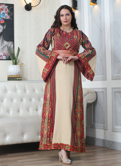 Beige & Red Majdalawi - High Quality Traditional Embroidered Palestinian style Thobe for women - JPK Traditions