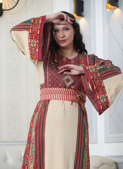 Beige & Red Majdalawi - High Quality Traditional Embroidered Palestinian style Thobe for women - JPK Traditions