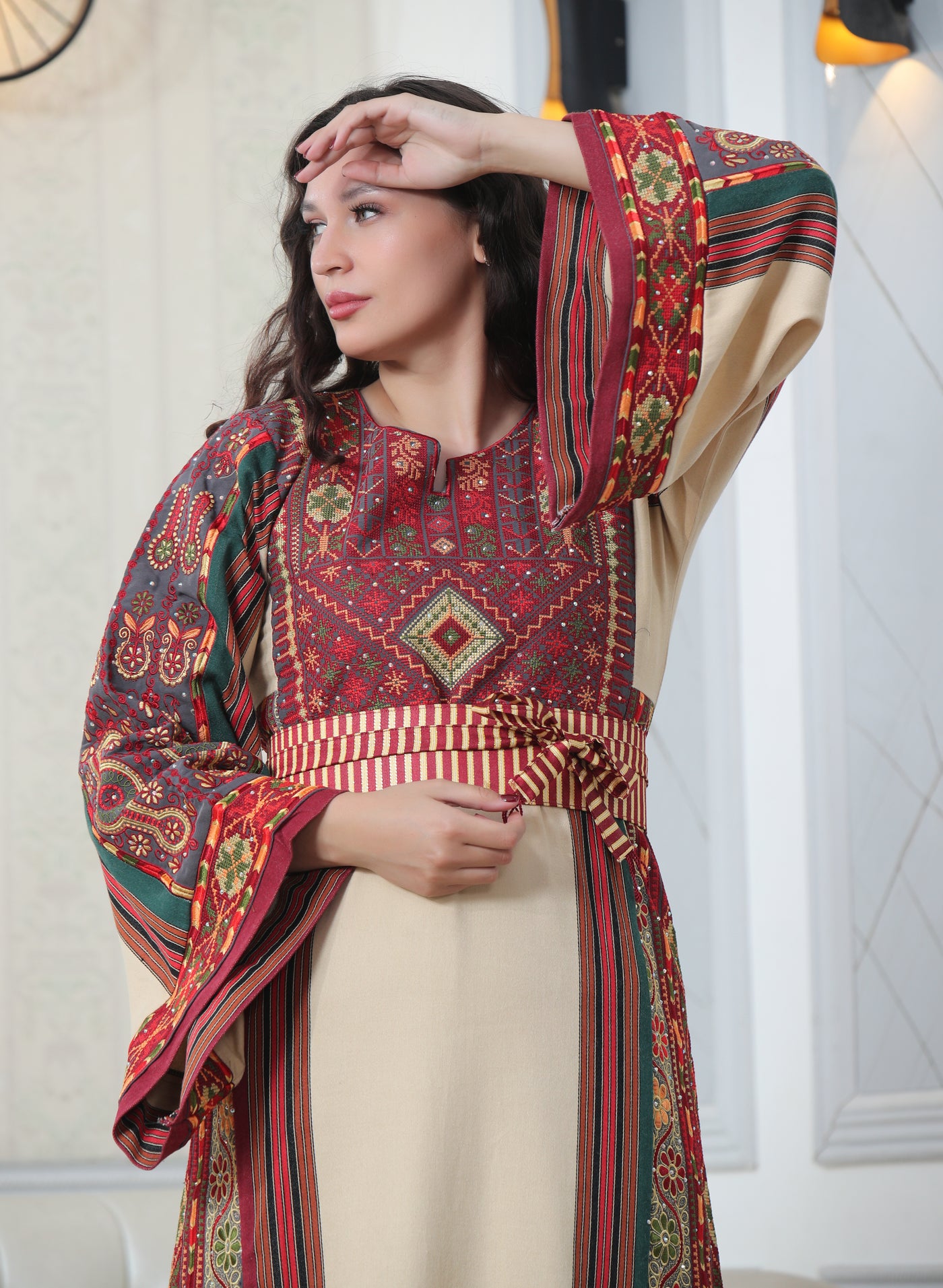 Beige & Red Majdalawi - High Quality Traditional Embroidered Palestinian style Thobe for women - JPK Traditions