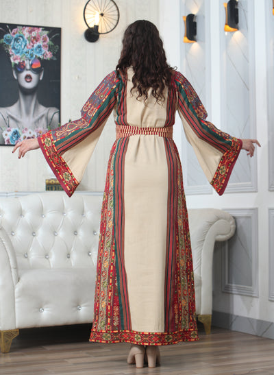 Beige & Red Majdalawi - High Quality Traditional Embroidered Palestinian style Thobe for women - JPK Traditions