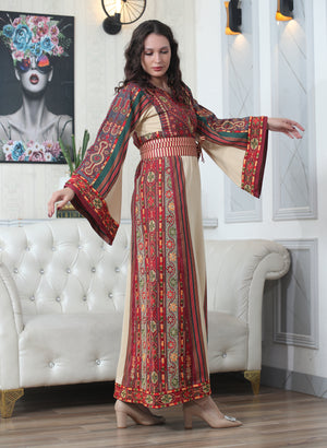 Beige & Red Majdalawi - High Quality Traditional Embroidered Palestinian style Thobe for women - JPK Traditions