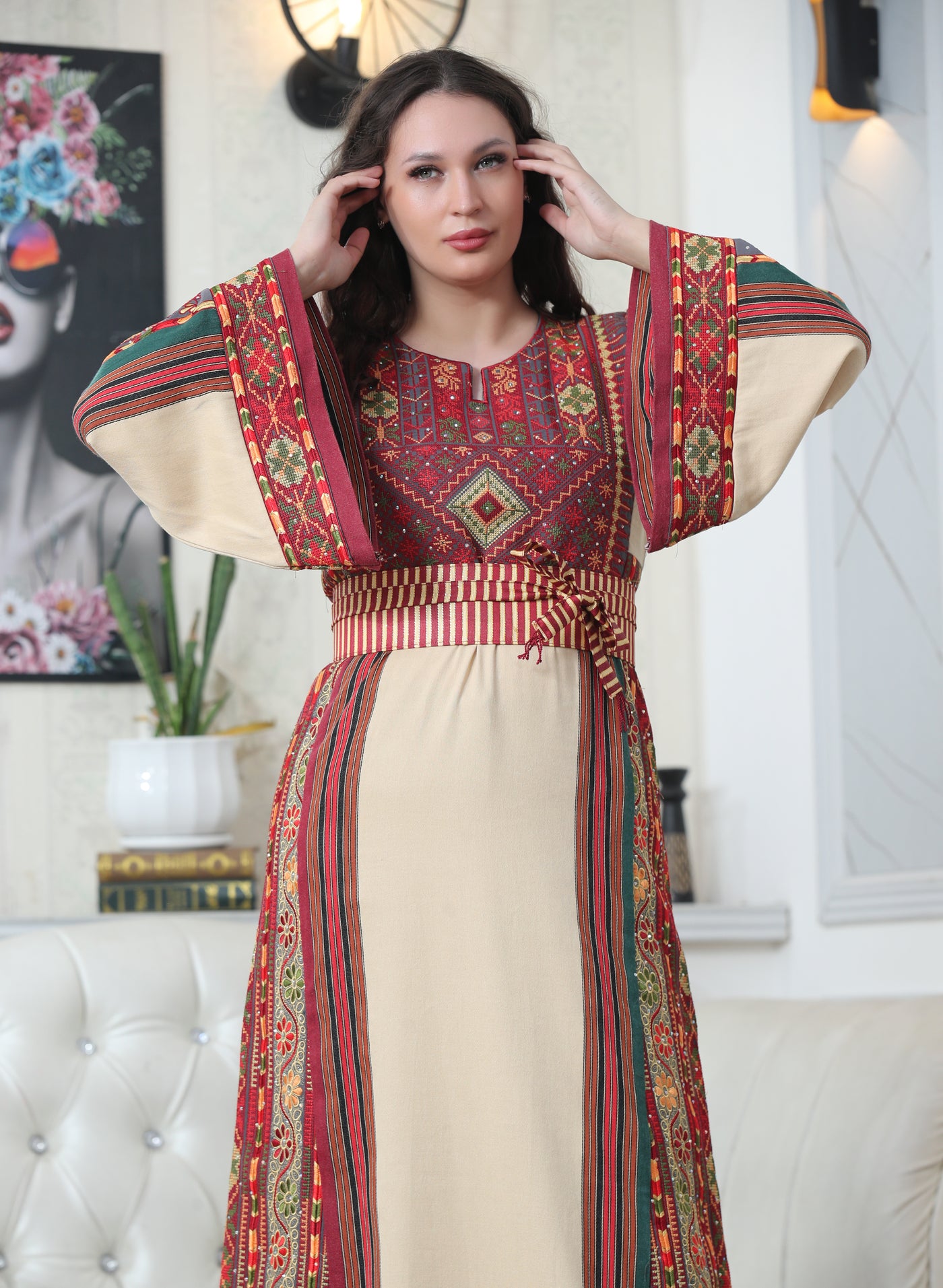 Beige & Red Majdalawi - High Quality Traditional Embroidered Palestinian style Thobe for women - JPK Traditions