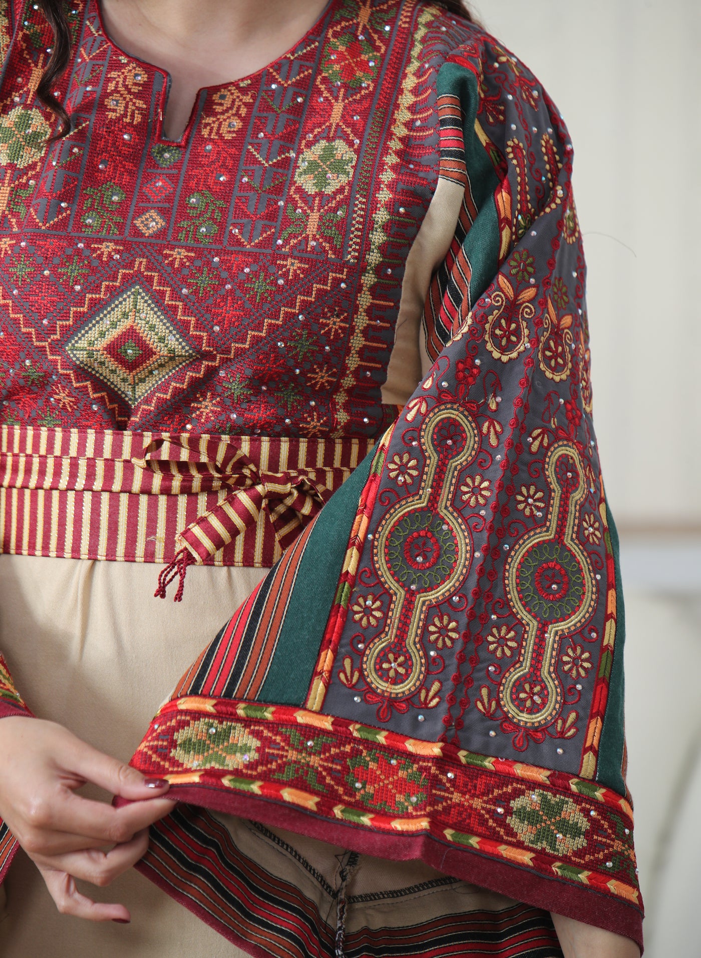 Beige & Red Majdalawi - High Quality Traditional Embroidered Palestinian style Thobe for women - JPK Traditions