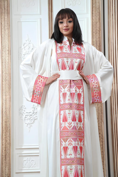 White Satin Princess - 2 Piece High Quality Traditional Embroidered Palestinian Thobe/Dress