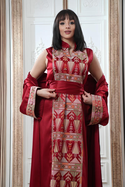 Red Satin Princess - 2 Piece High Quality Traditional Embroidered Palestinian Thobe/Dress