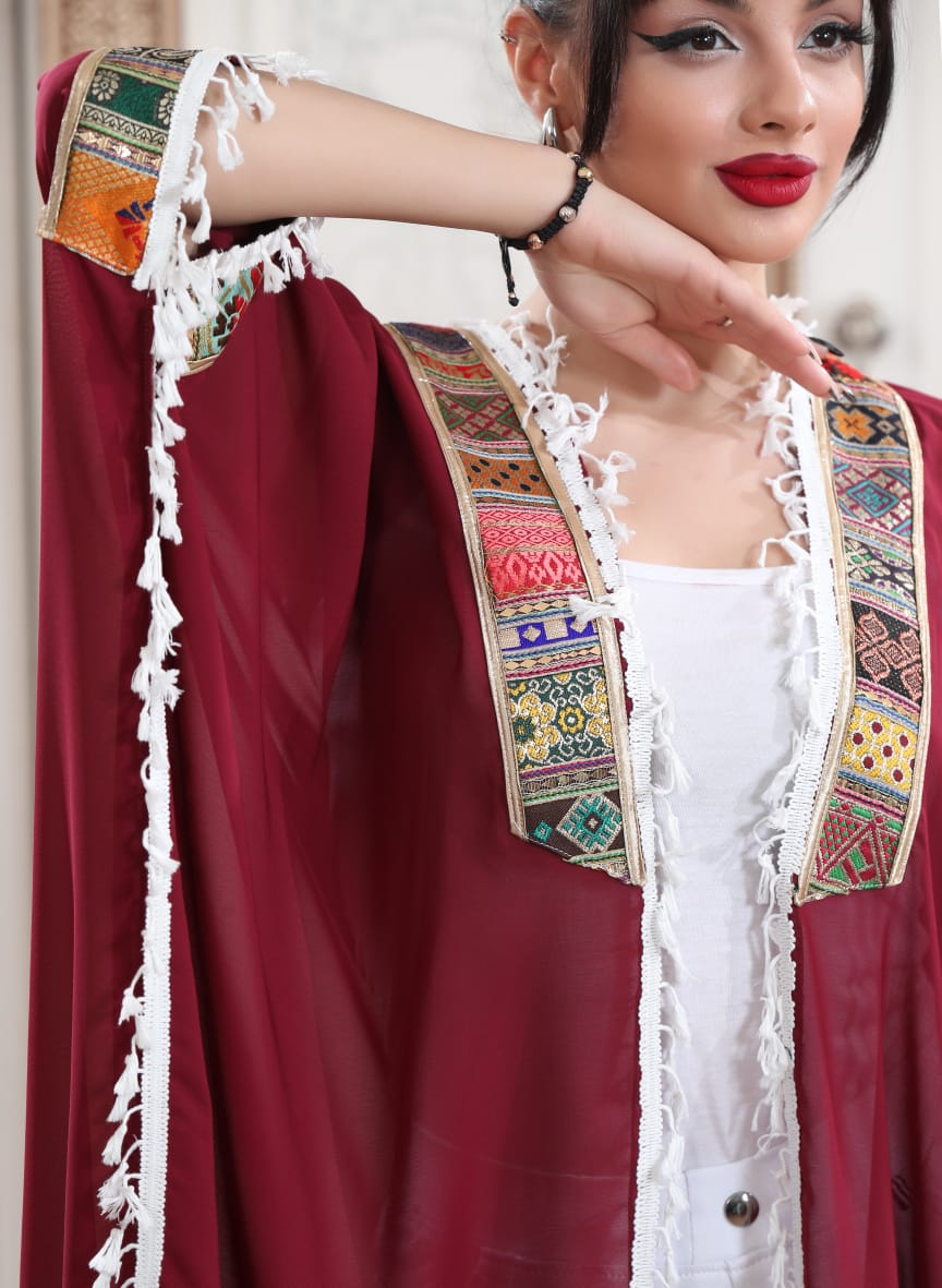 Maroon Bisht - Embroidered Palestinian style Bisht/Abaya