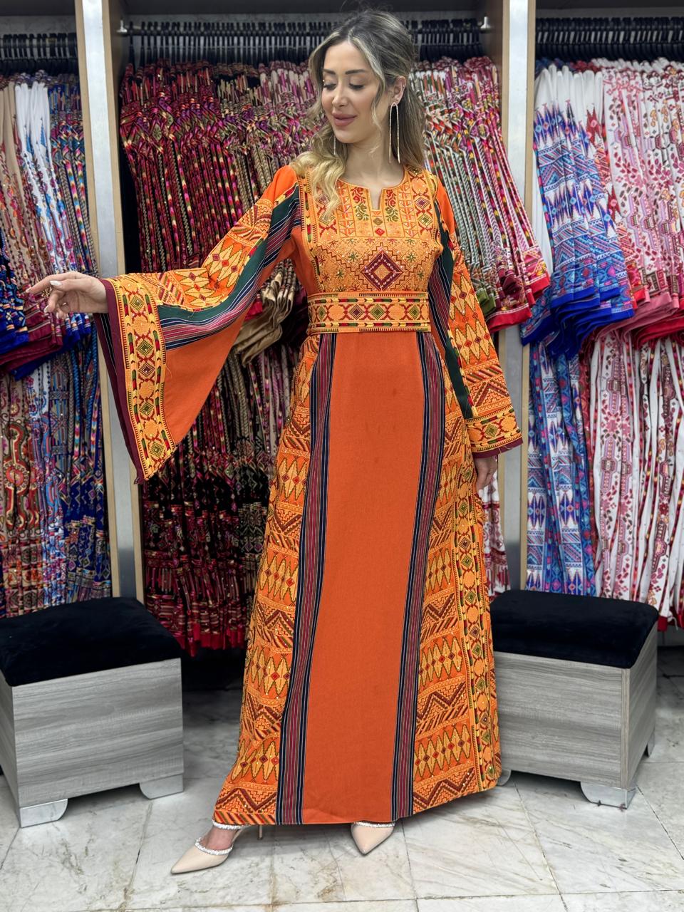 Orange Majdalawi - Very High Quality Embroidered Palestinian Thobe