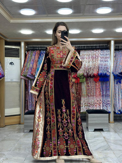 Maroon & Gold Velvet Thobe dress -  Embroidered Palestinian Thawb High Quality