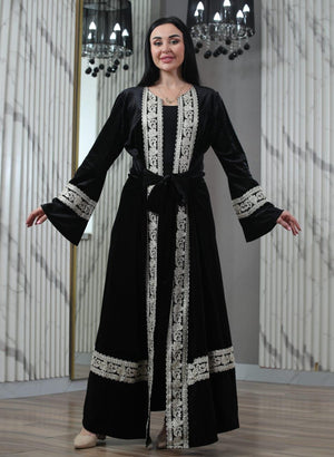 Black & Gold Velvet Kaftan/Abaya - (Free Size) Palestinian style Kaftan/Abaya - JPK Traditions